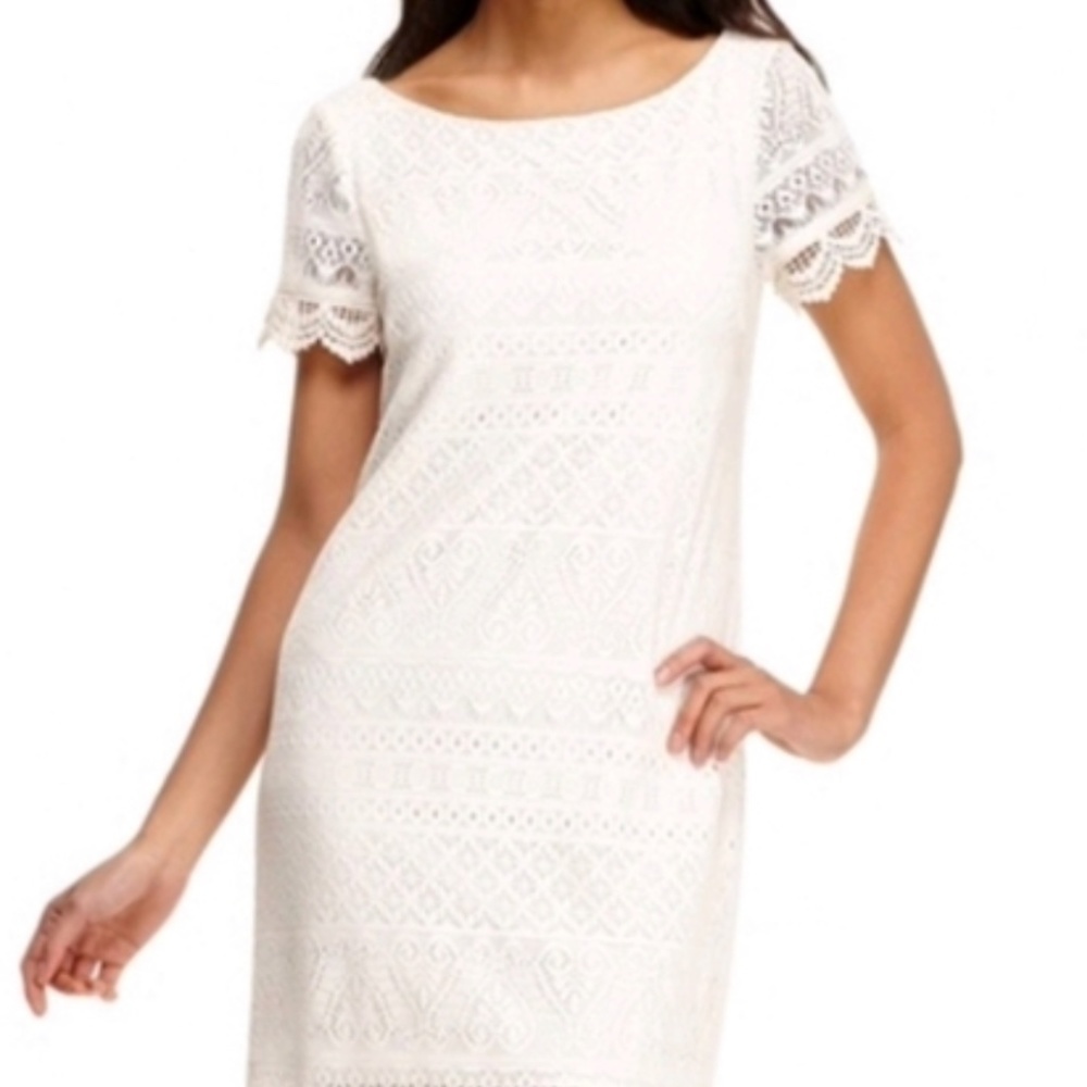 London Times Cream Scalloped Short Sleeve Crochet Lace Dress Sz 10